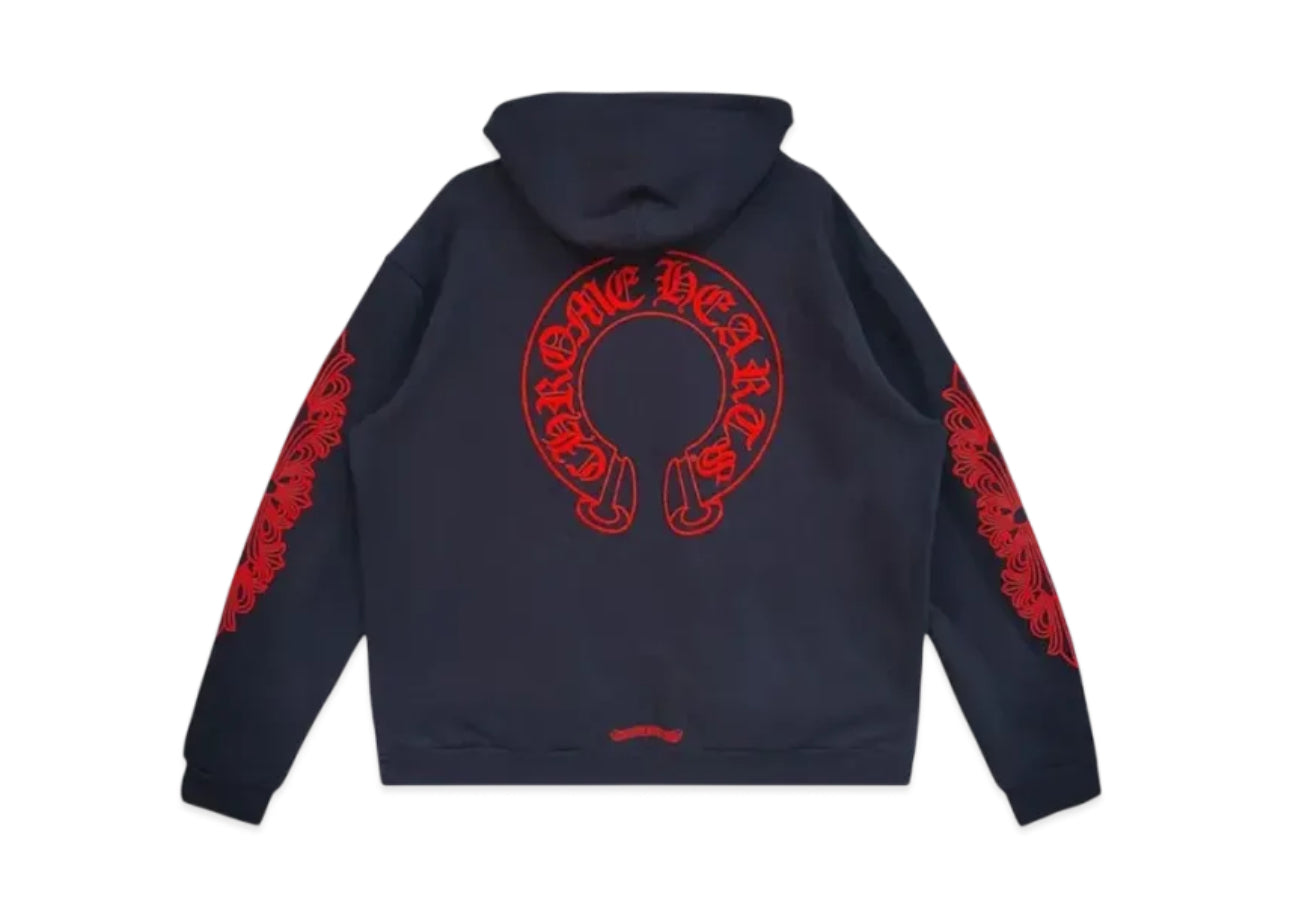Chrome Hearts Horseshoe Floral Sleeve Hoodie "Navy/Red"