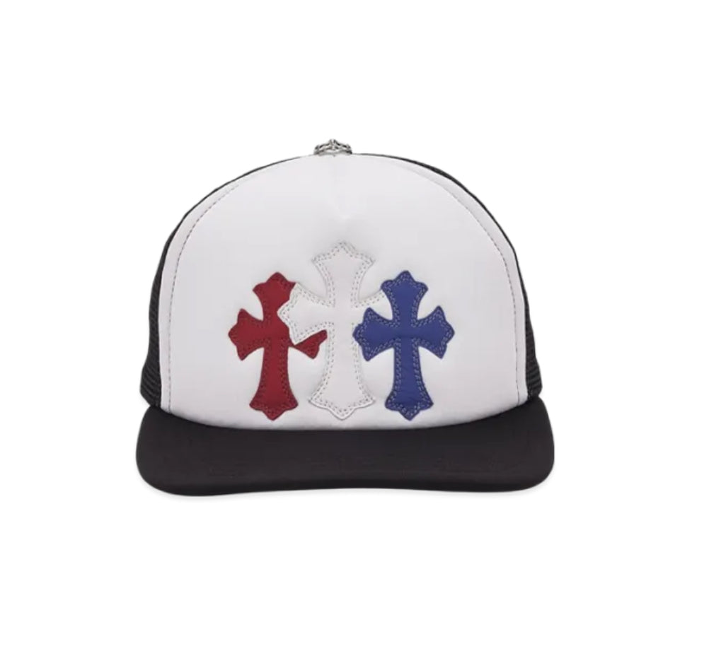 Chrome hearts 3 cross patch trucker cap (Black/white/red/blue)