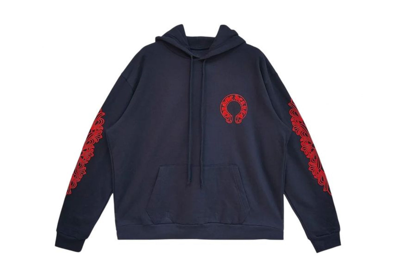 Chrome Hearts Horseshoe Floral Sleeve Hoodie "Navy/Red"