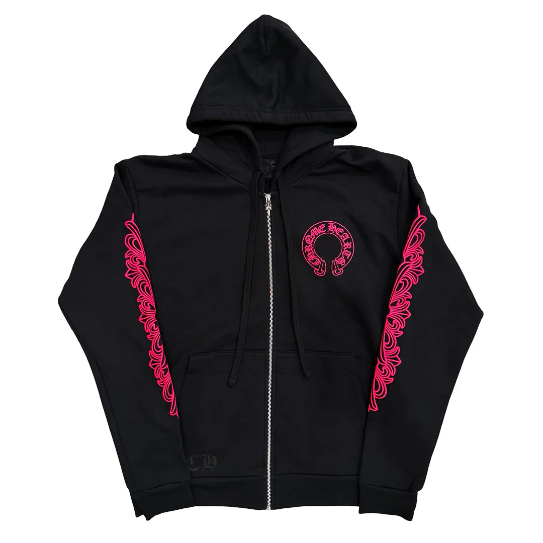 chrome hearts horsehoe zip black pink hoodie (XL)